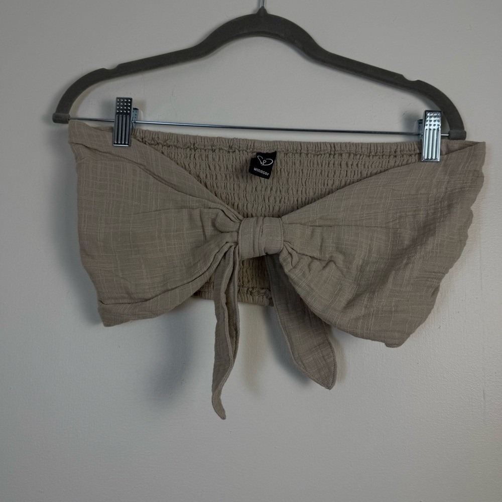 Windsor Women Taupe Waffle Knit Top Boho Large 100% Cotton Gauzy Front Tie